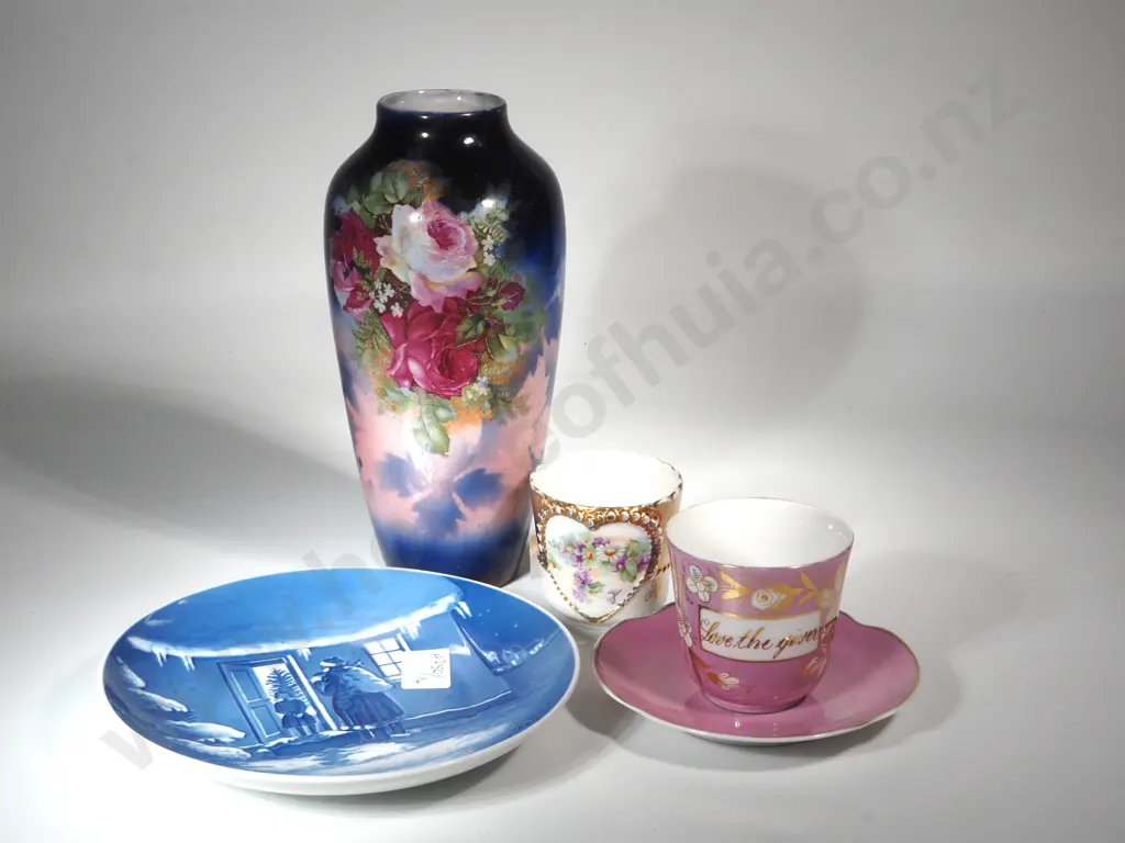 Blue Flower Vase, B&G Blue Christmas Plate, Two  Cups & One Matching Saucer. Image 1++