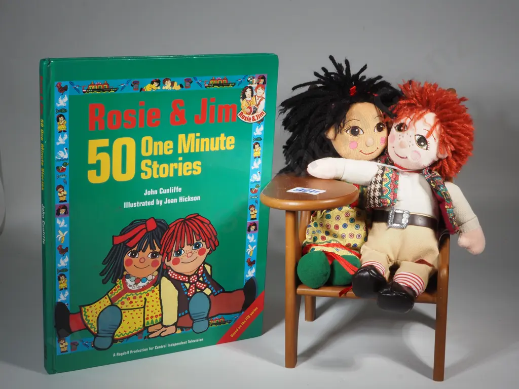 Rosie & Jim Rag Dolls From The British Children's TV Series Together with A Wooden Dolls Chair &  A Rosie & JIm Book Image 1++