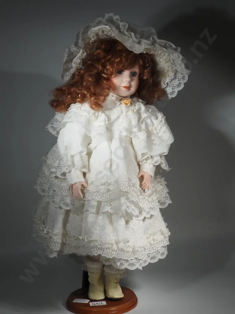 Hillview China Face Doll with Cloth Body On Stand & Dressed In White Taffeta Image 1++