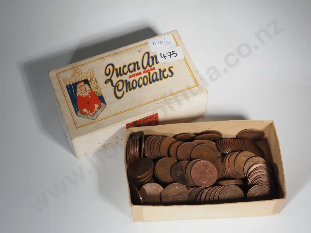 Vintage Queen Anne Chocolate Box Containing A Large Quantity Of Australian Pennies. Image 1++