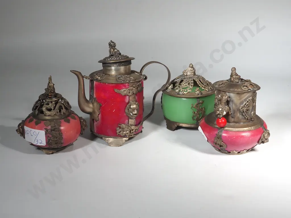 Vintage Asian Possibly Marble/Glass & Brass Tea Pot & Three Incense Burners. Image 1++