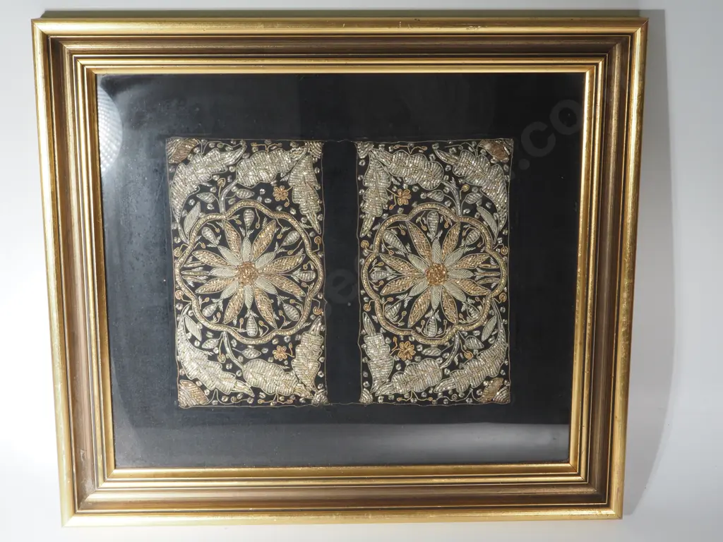 Framed Middle Eastern Floral Embroidery in Possibly Precious Metal (Gold/Silver Toned) Thread. Image 1++