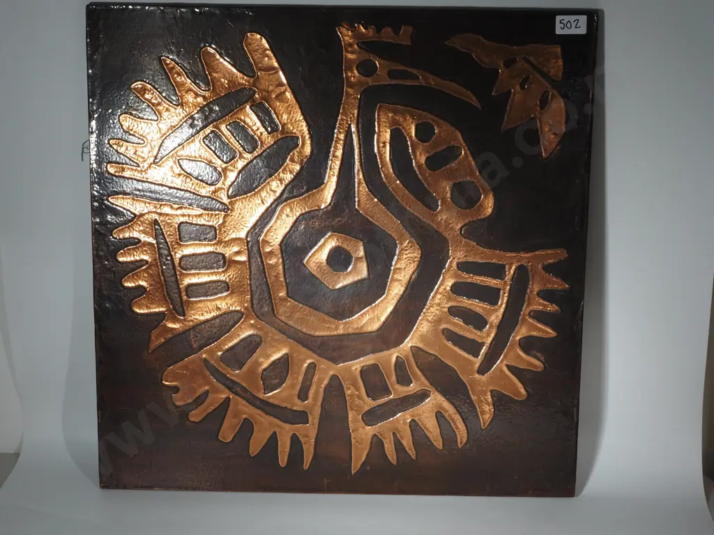 Vintage Copper Plaque Featuring A Stylized Design From The Aztecs Of A Colibri Bird - A Type Of  Hummingbird Sipping Image 1++