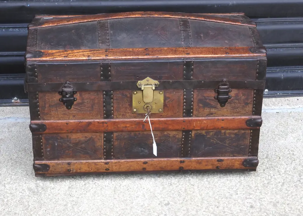 Large Dome Topped Leather Covered Travelling Chest Image 1++