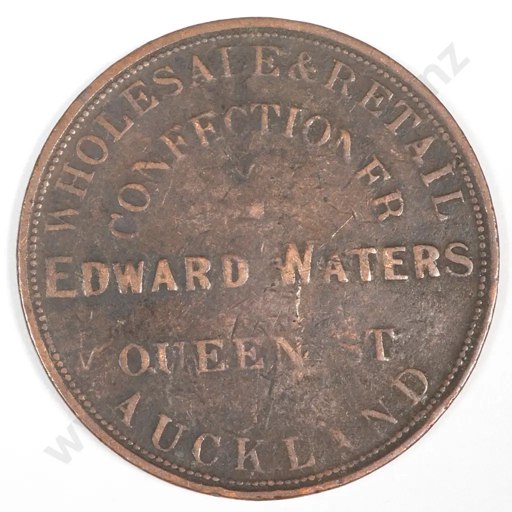 New Zealand One Penny Token - Edward Waters Wholesale & Retail Confectioner Auckland Queen Street  Image 1++