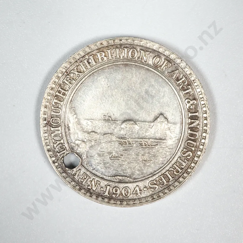 1904 New Plymouth Exhibition Medal in White Metal - Holed  Image 1++