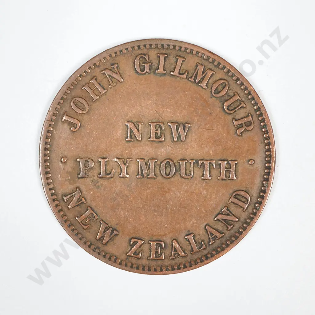 1875 New Zealand Gilmour Penny Token - New Plymouth w Beaded Border on Both Sides Image 1++