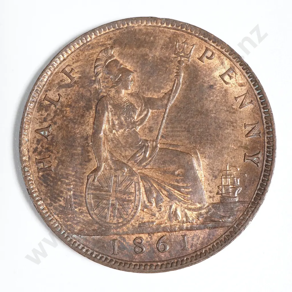 1861 United Kingdom Half Penny AUNC CV $270 USD  Image 1++