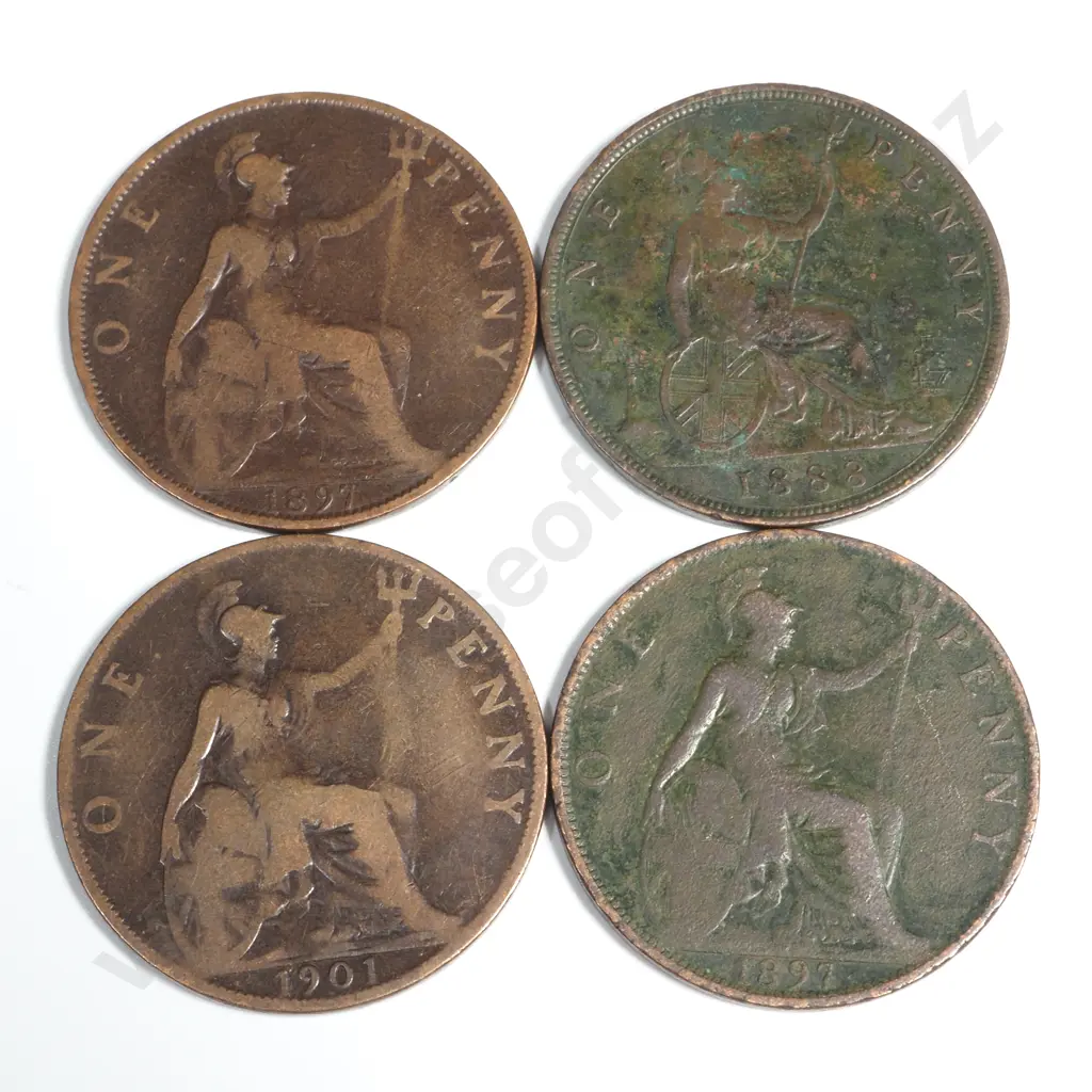 Four United Kingdom Penny - 2 x 1897 - 1907 / 1888 - One Low Tide & One High Tide Image 1++