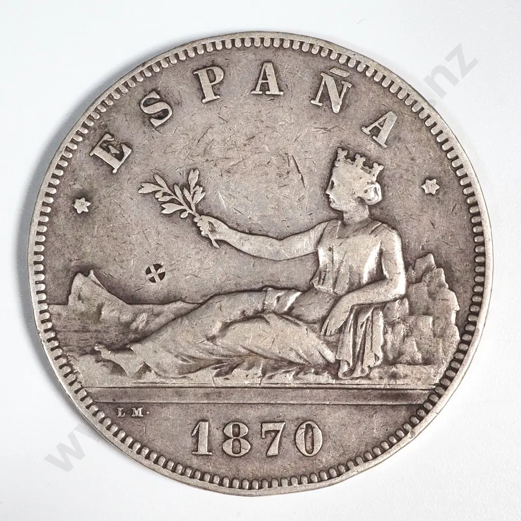 1870 Spanish Provisional Government 5 Pesetas Silver Coin  Image 1++