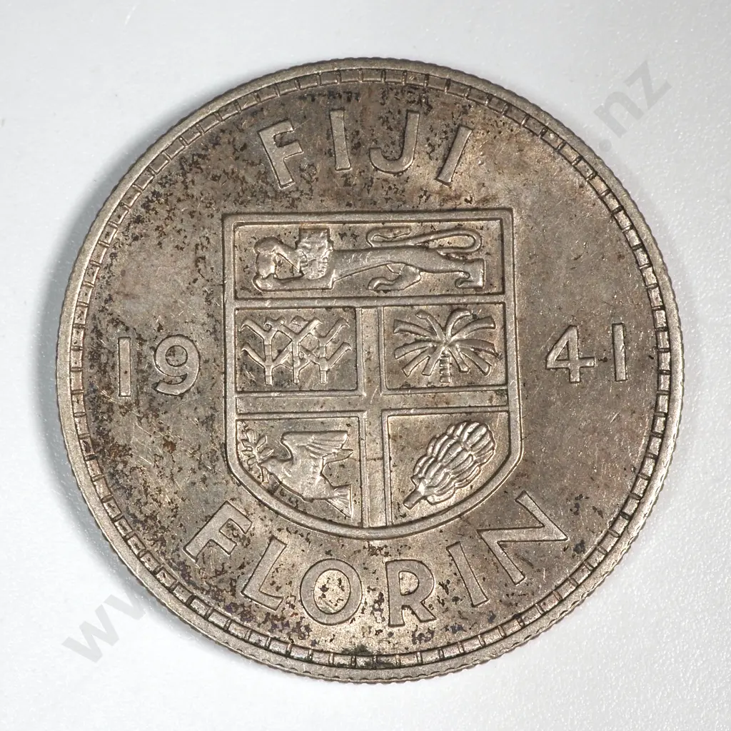 1941 Fiji Florin - Scarce Coin 20,000 Mintage - Good Condition w a Few Bag Marks  Image 1++