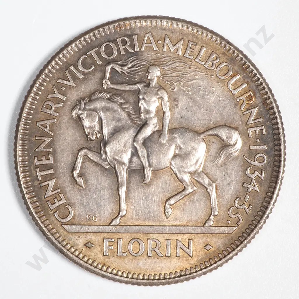 1934 -35 Australia Melbourne Centenary Florin - Scarce Coin  Image 1++