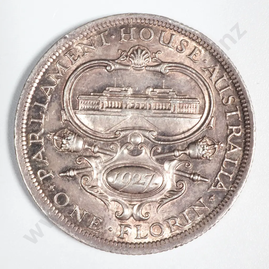 1927 Australia Canberra Florin - Nice Coin w Lustre but Edge Dent  Image 1++