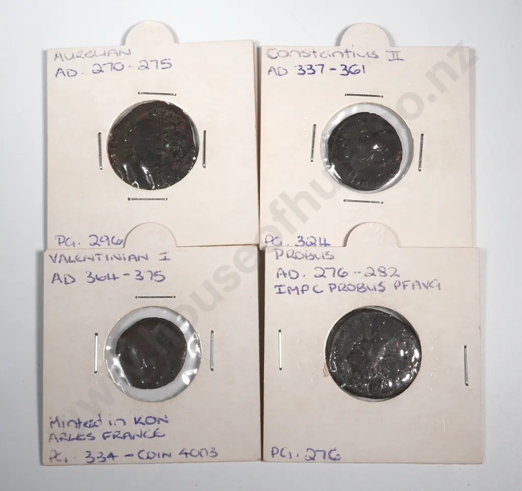 Four Ancient Roman Coins - Aurelian - Probius - Constantius the 2nd & Valentinian 1st Image 1++