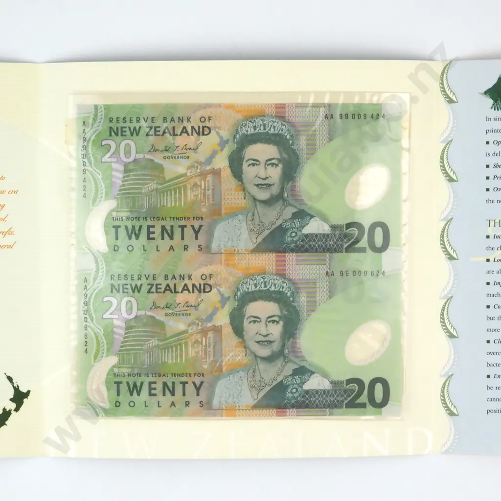 1999 New Zealand Uncut Pair of $20 Brash Banknotes in Presentation Folder Image 1++