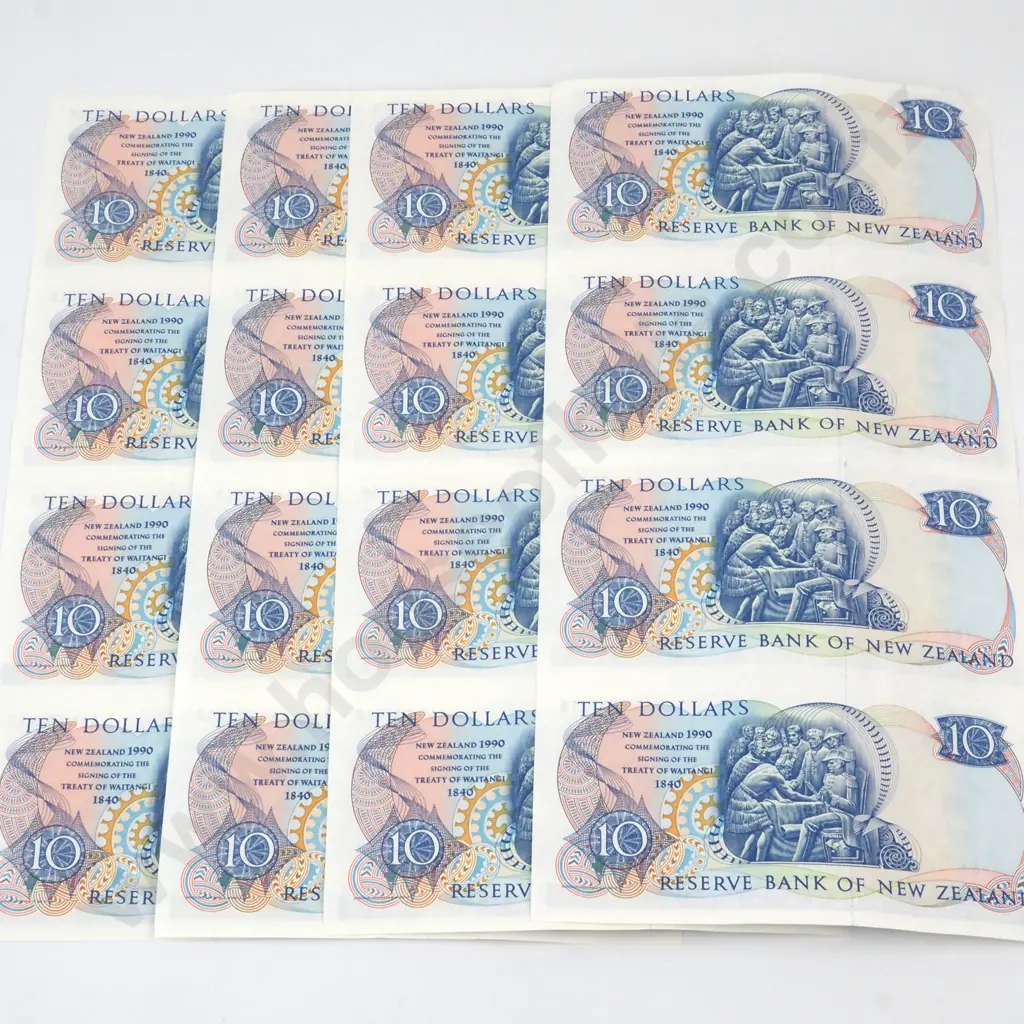 Four Uncut Sheets of Four New Zealand $10 1990 Banknotes Image 1++