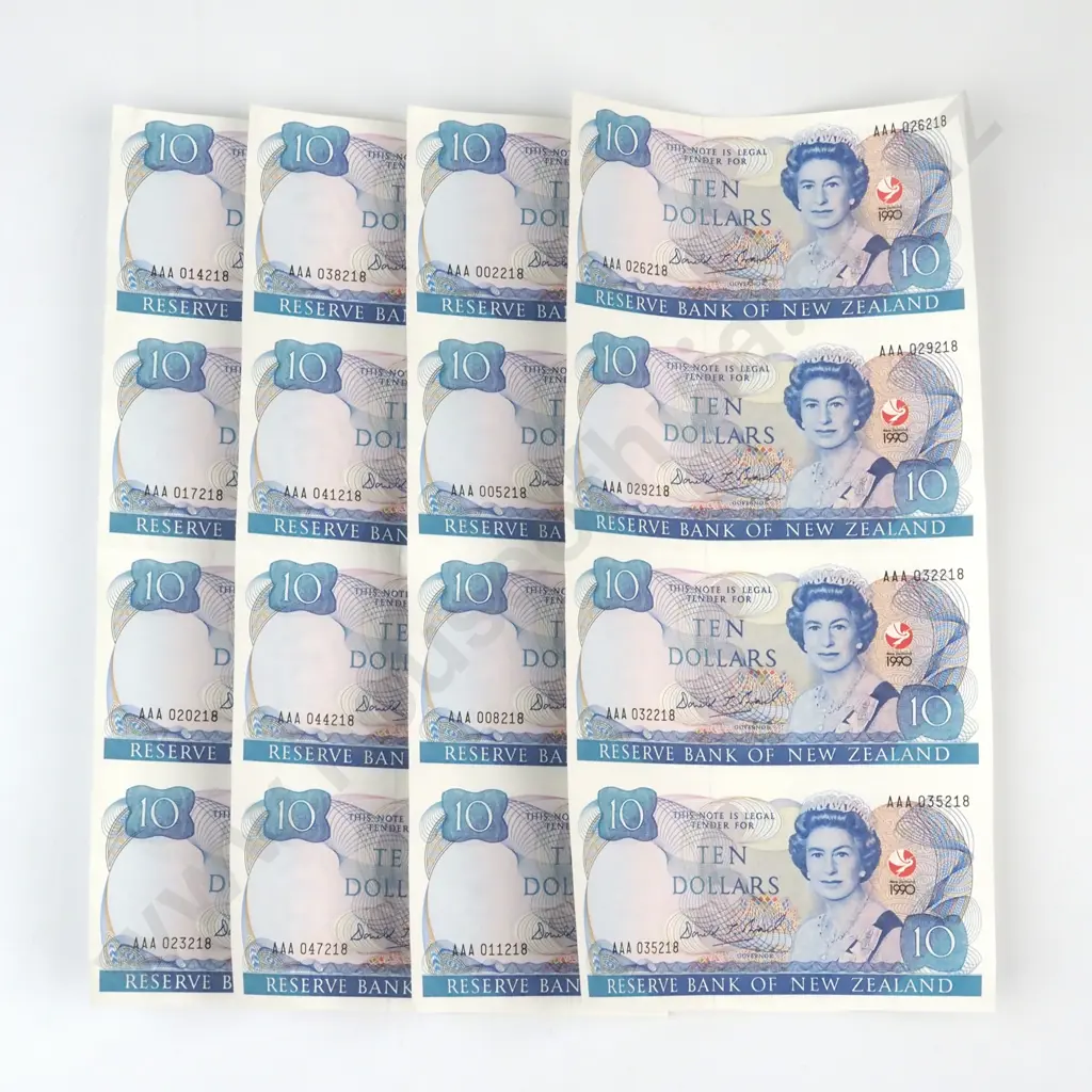 Four Uncut Sheets of Four New Zealand $10 1990 Banknotes Image 1++