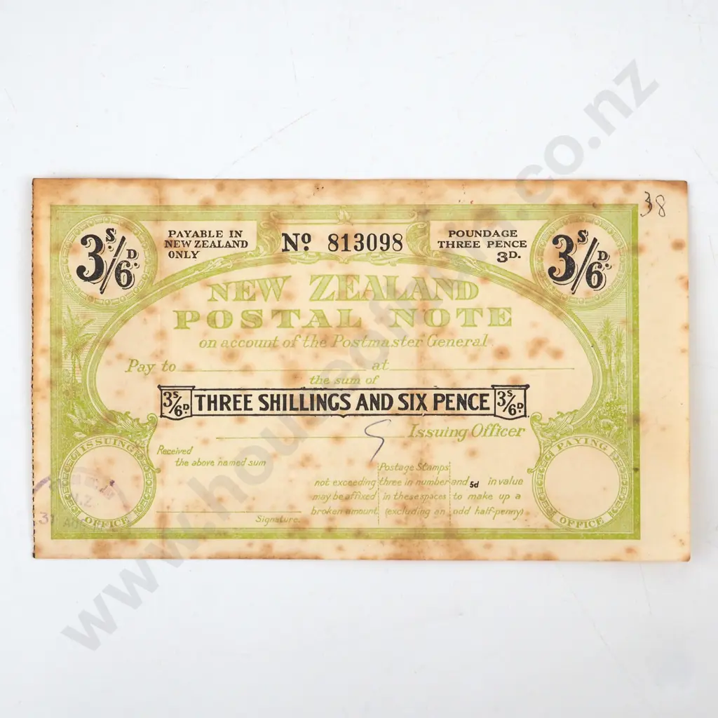 New Zealand Postal Note - 3 Shillings  6 Pence Image 1++