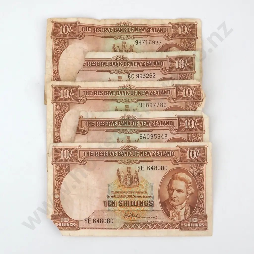 Five New Zealand 10 Shilling Fleming Banknotes - Damaged  Image 1++