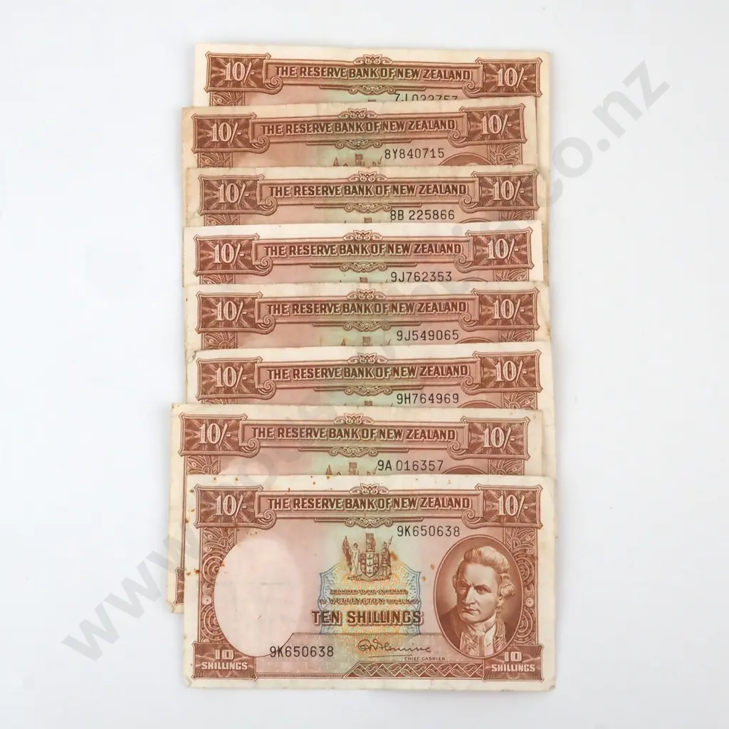 8 New Zealand 10 Shilling Fleming Banknotes - Circulated  Image 1++