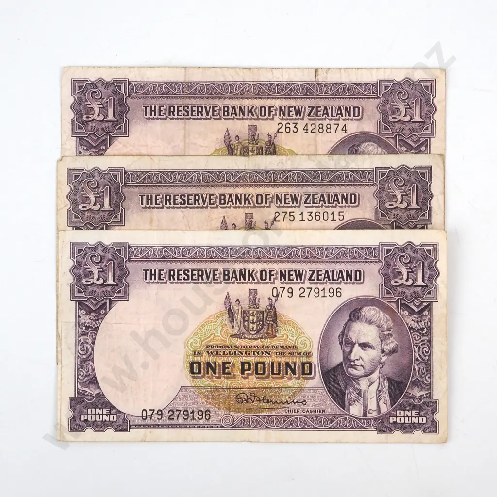 Three New Zealand One Pound Fleming Banknotes  Image 1++