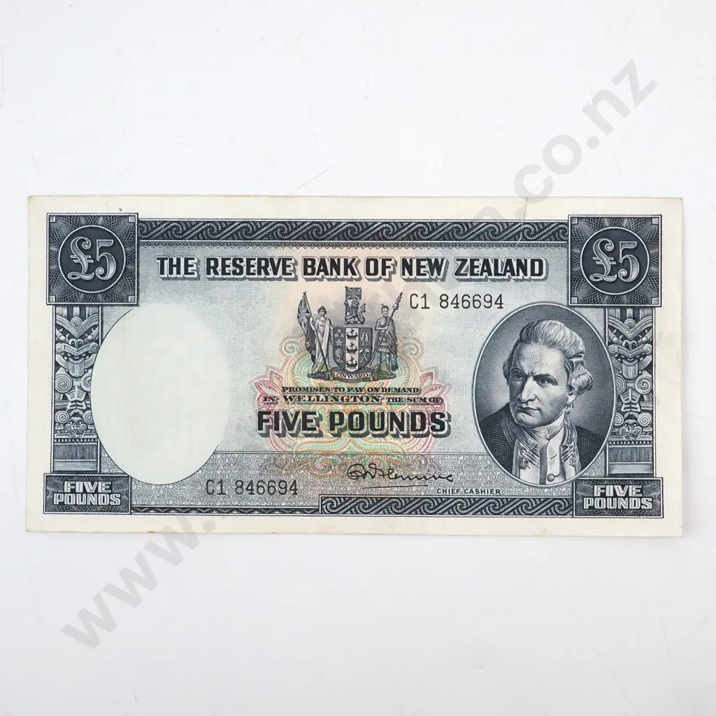 New Zealand Five Pound Fleming Banknote - Tear in Top Left  Image 1++