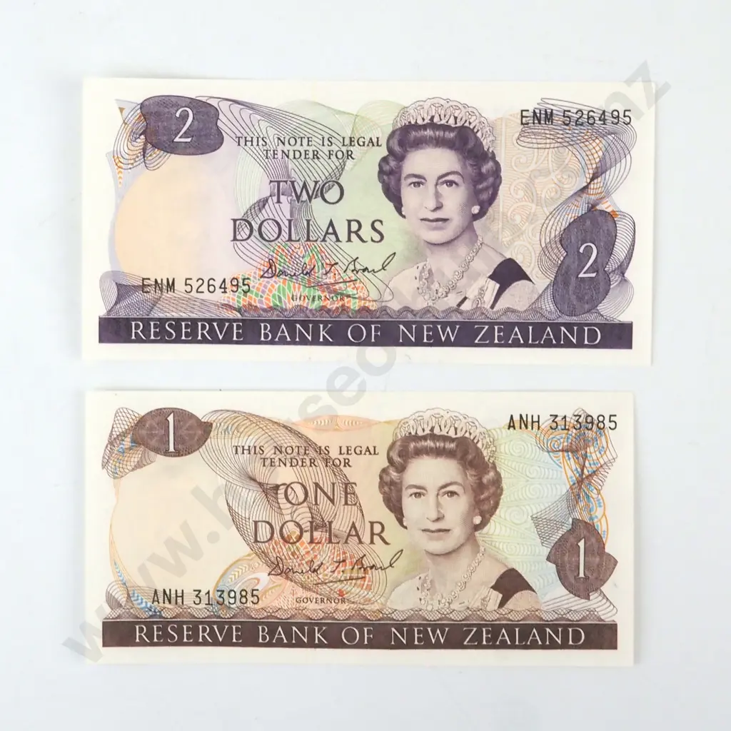 New Zealand Uncirculated One & Two Dollar Brash Banknotes  Image 1++