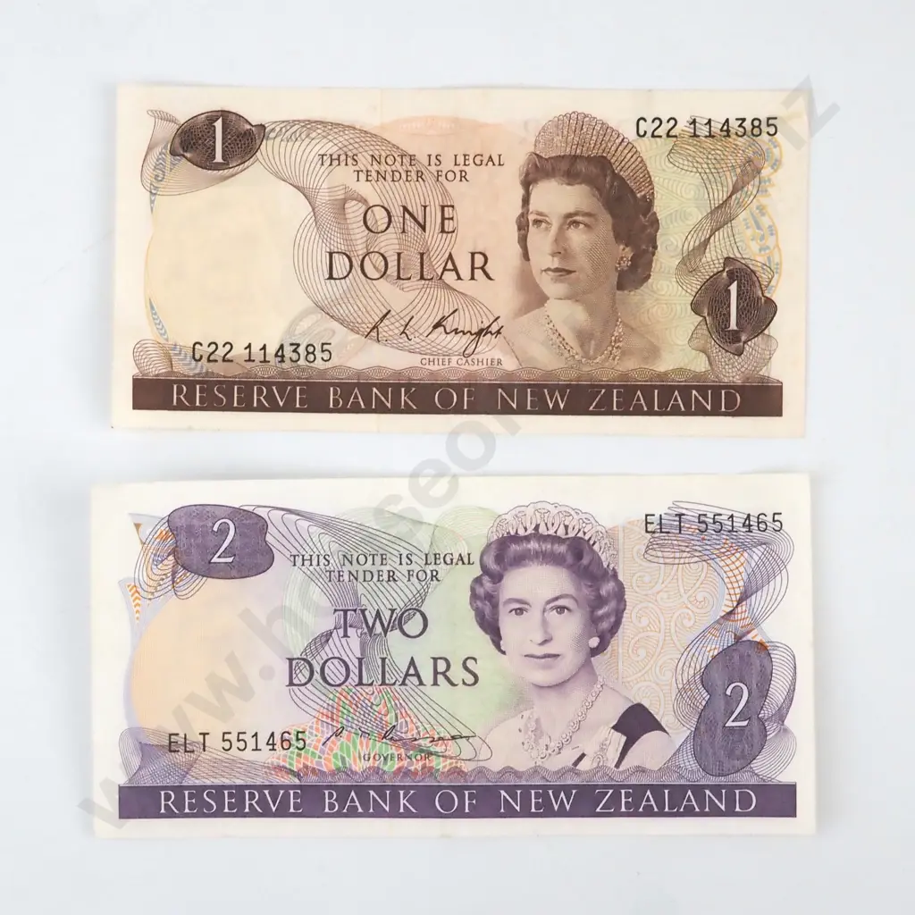 New Zealand One & Two Dollar Banknotes - Knight & Russell Image 1++