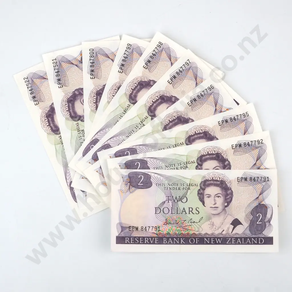 Ten Almost Consecutive New Zealand Two Dollar Brash Banknotes AUNC  Image 1++