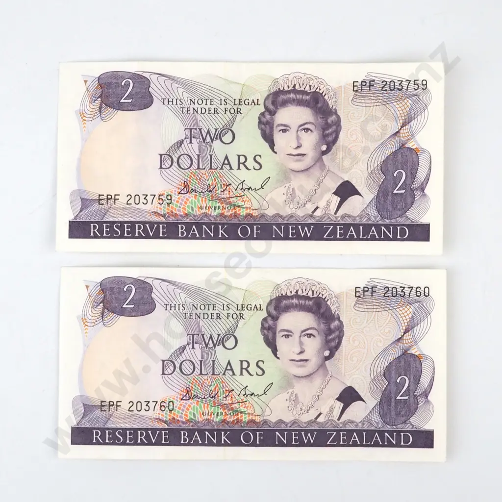 Consecutive New Zealand Two Dollar Brash Banknotes  Image 1++