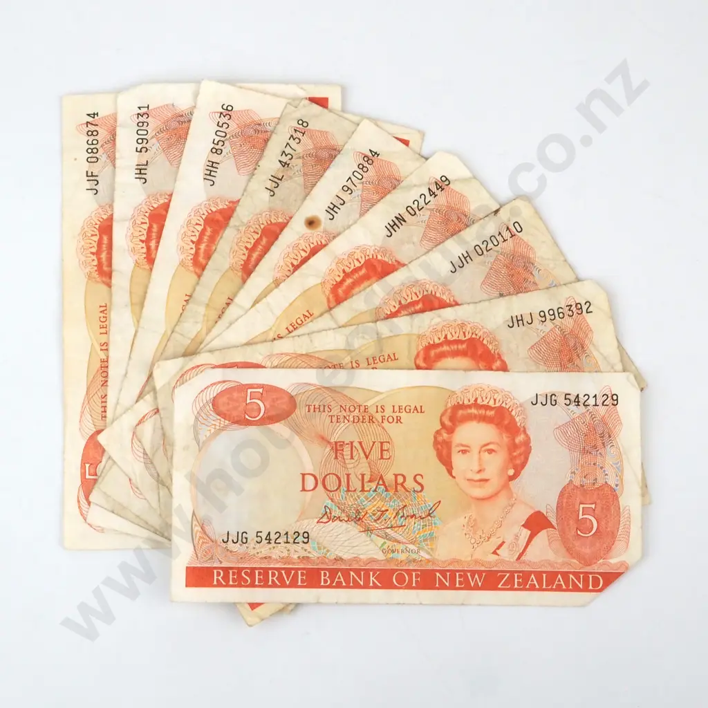 9 New Zealand Five Dollar Brash Banknotes - Circulated  Image 1++