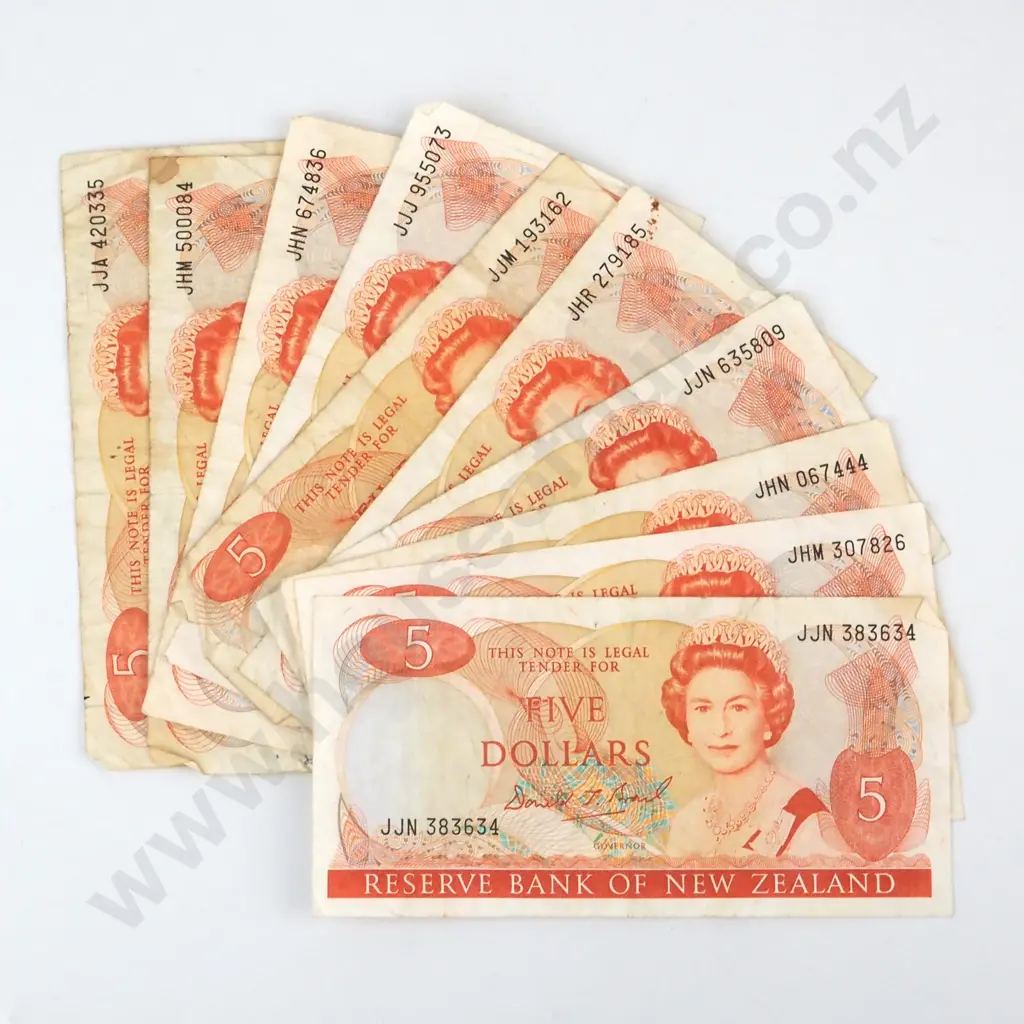 10 New Zealand Five Dollar Brash Banknotes - Circulated  Image 1++