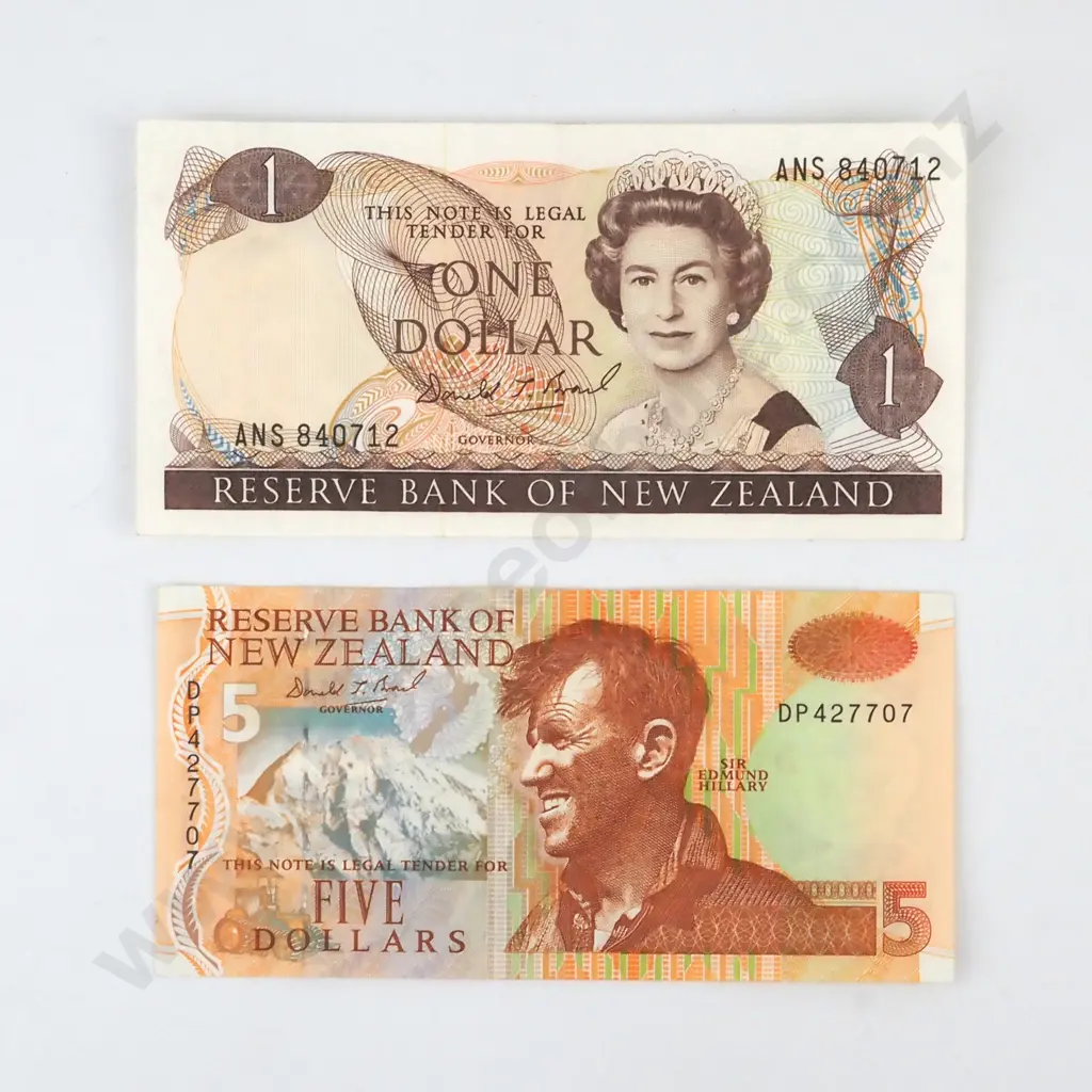 New Zealand AUNC Five Dollar Brash Banknote & One Dollar Last Prefix Banknote  Image 1++