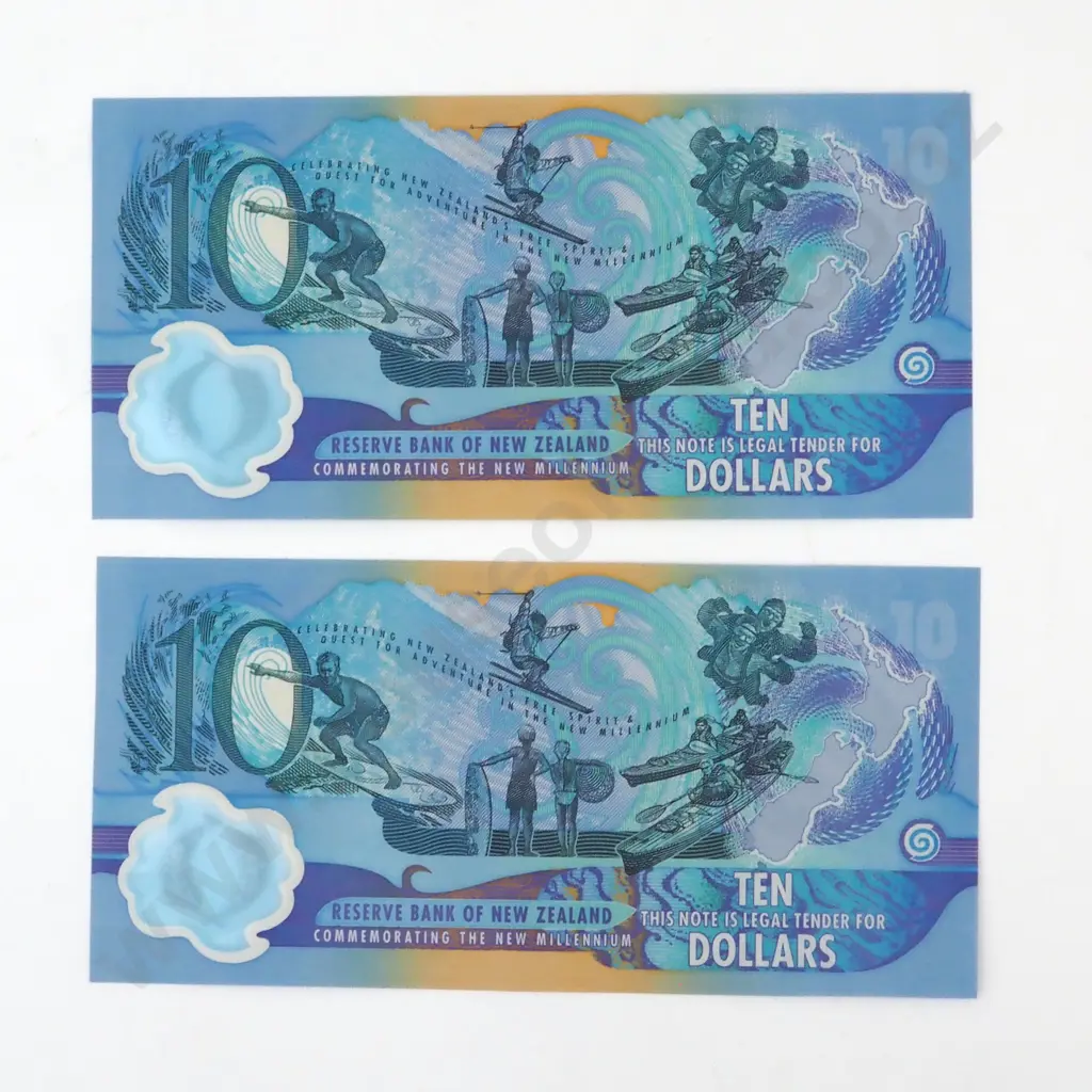 Two Almost Consecutive New Zealand 10 Dollar Millennium Banknotes - Red Serial Image 1++