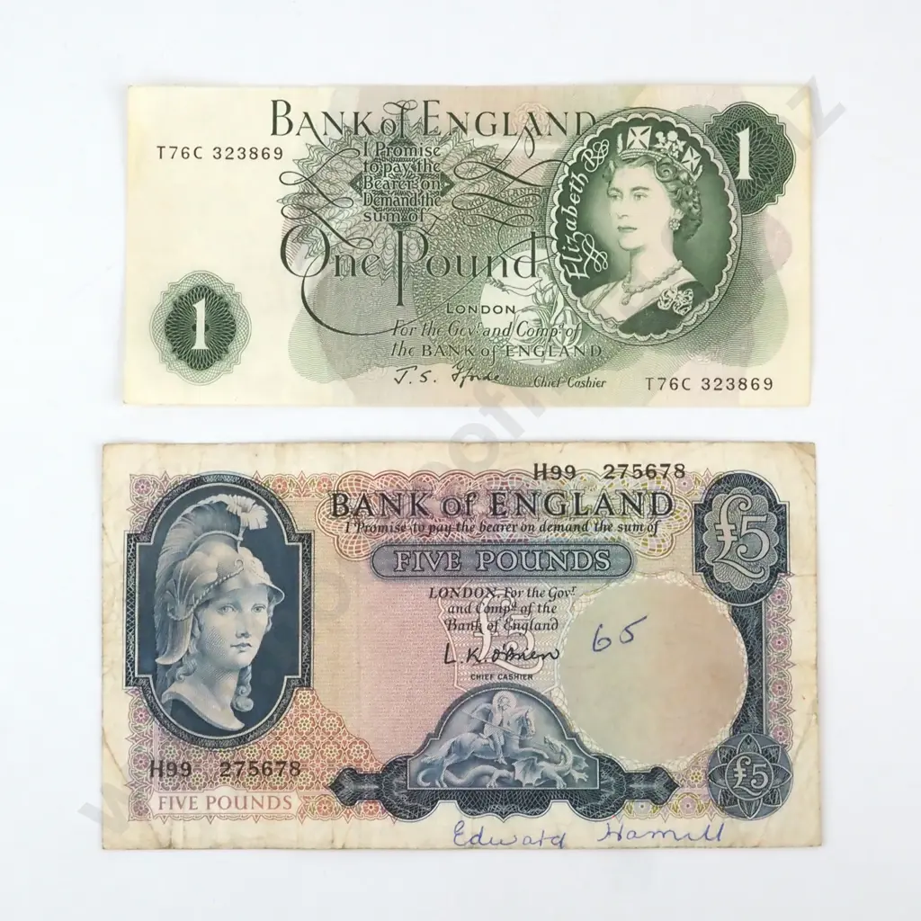 United Kingdom One Pound & Five Pound Banknotes  Image 1++