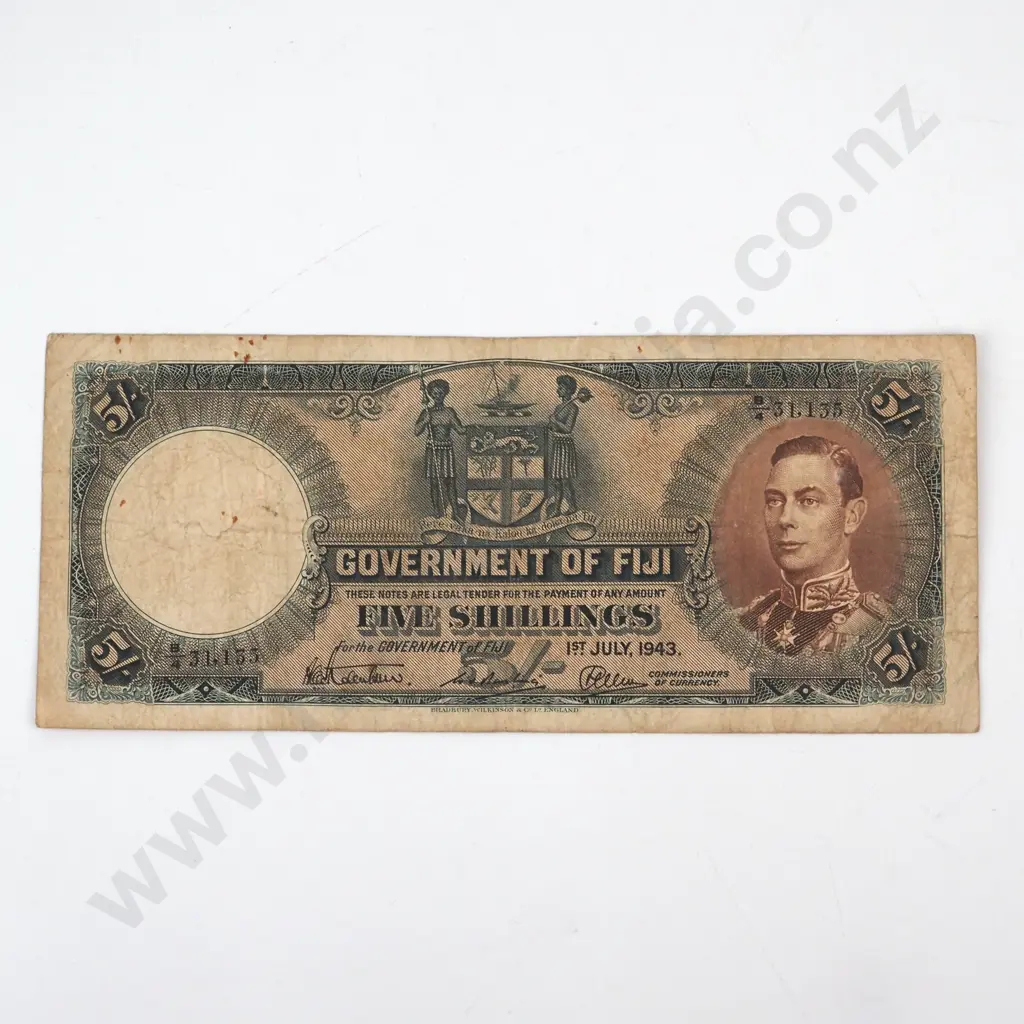 1943 Fiji Five Shilling Banknote  Image 1++