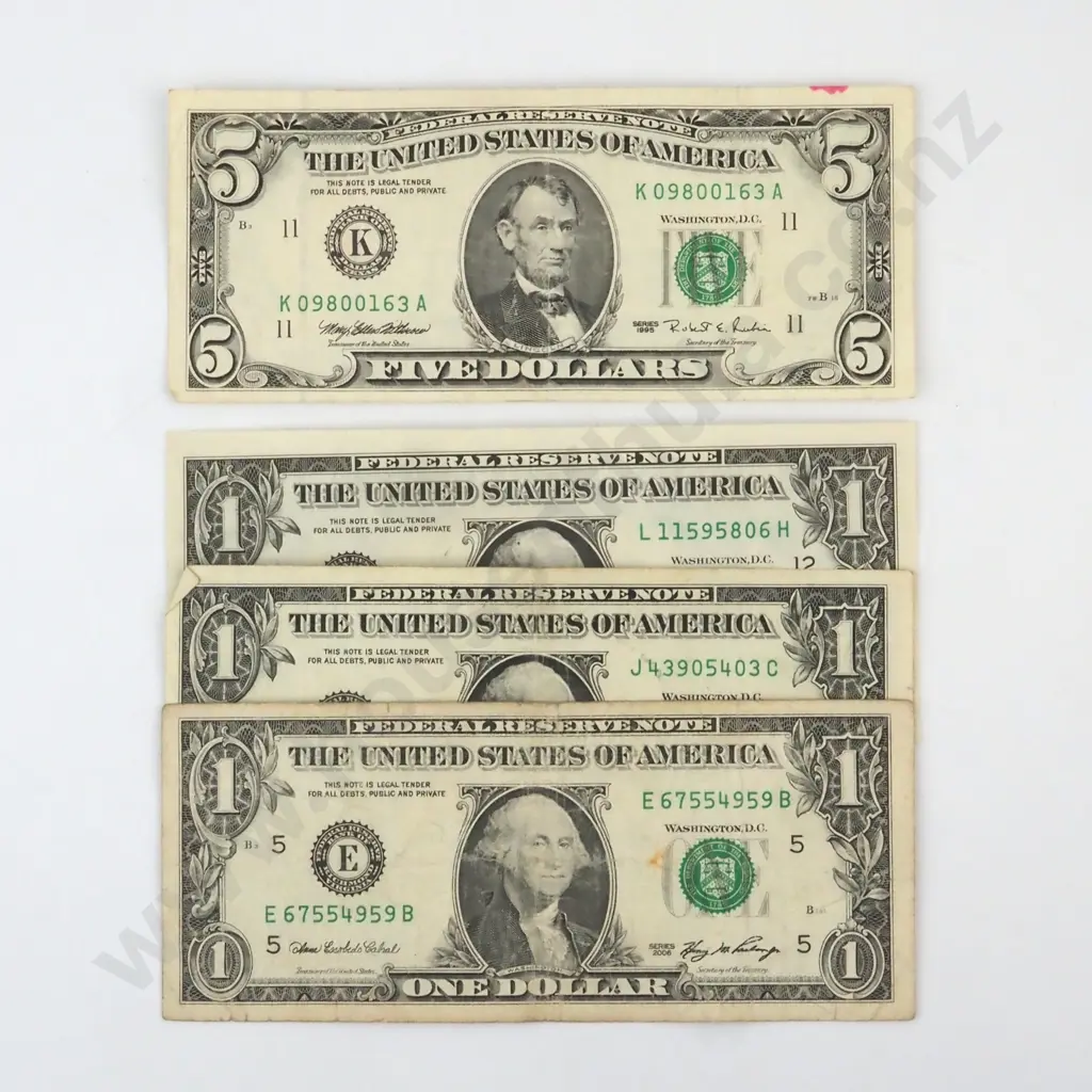 Three United States of America One Dollar Bills & One Five Dollar Bill  Image 1++