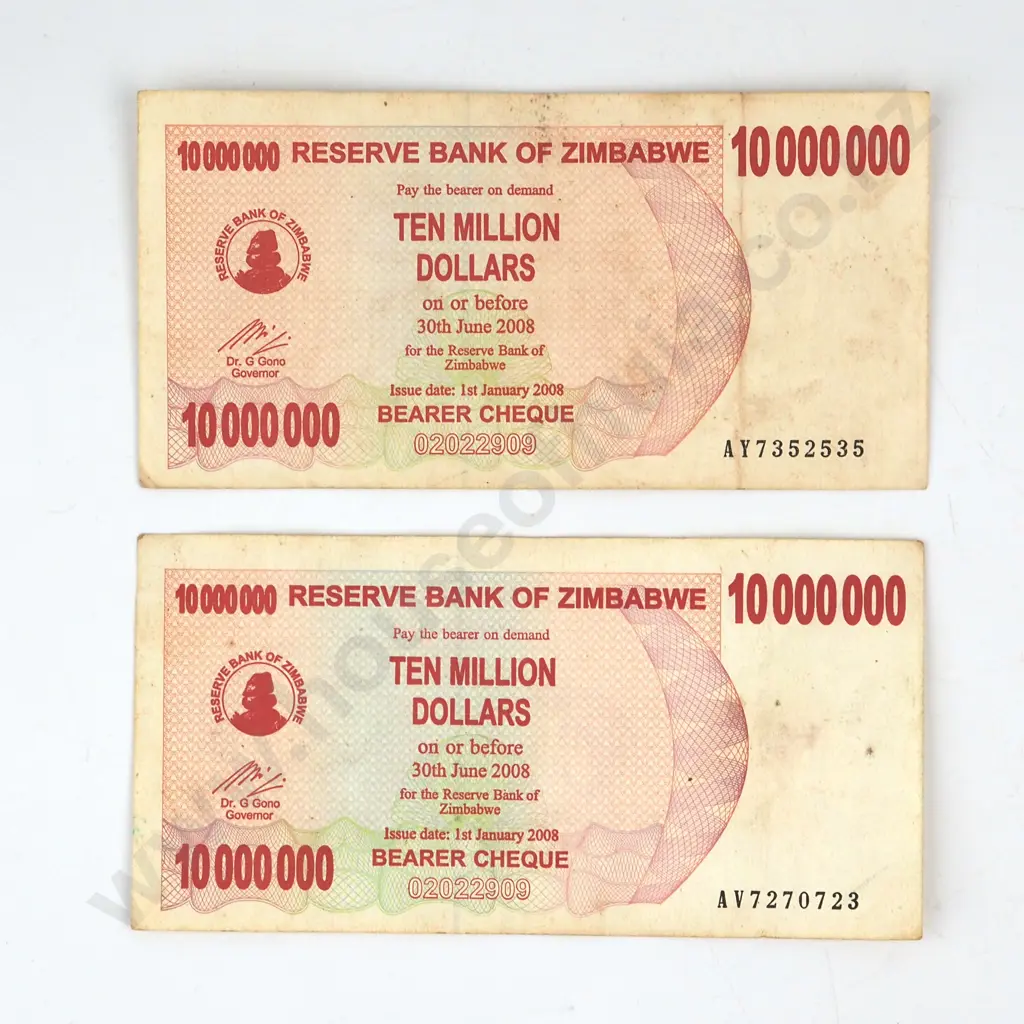 Two Zimbabwe Ten Million Dollar Banknotes  Image 1++