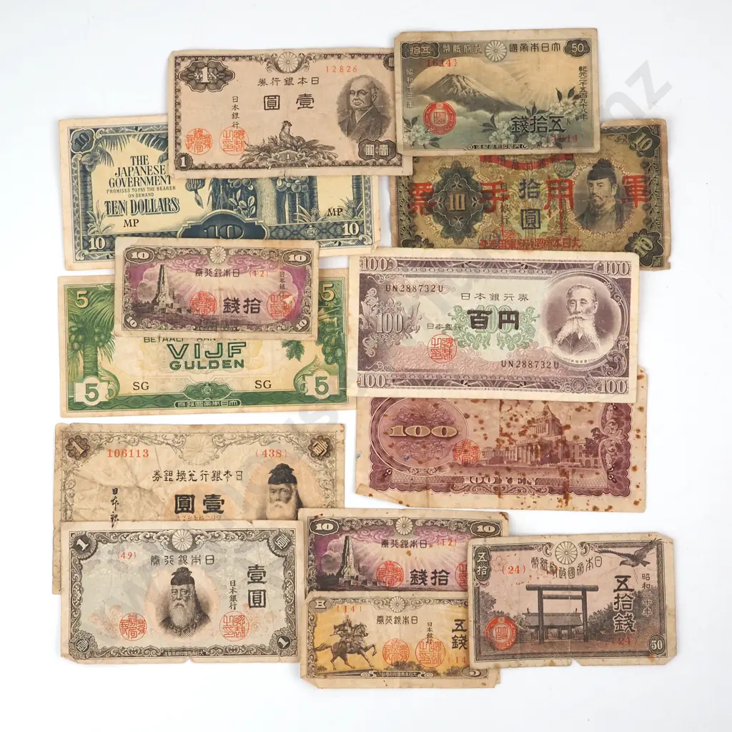 Assorted Lot of Mainly Japanese Banknotes Incl WW2 Image 1++