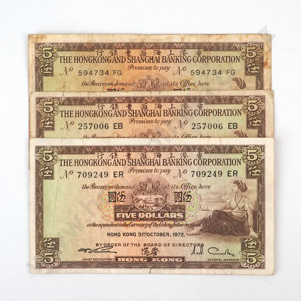 Three Hong Kong & Shanghai Banking Corporation Five Dollar Banknotes  Image 1++