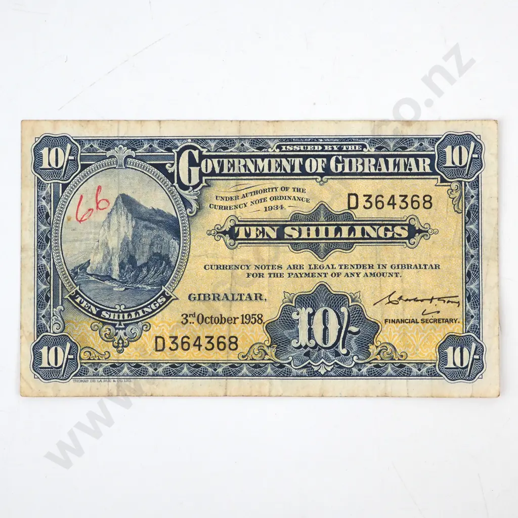 1958 Gibraltar 10 Shilling Banknote  Image 1++