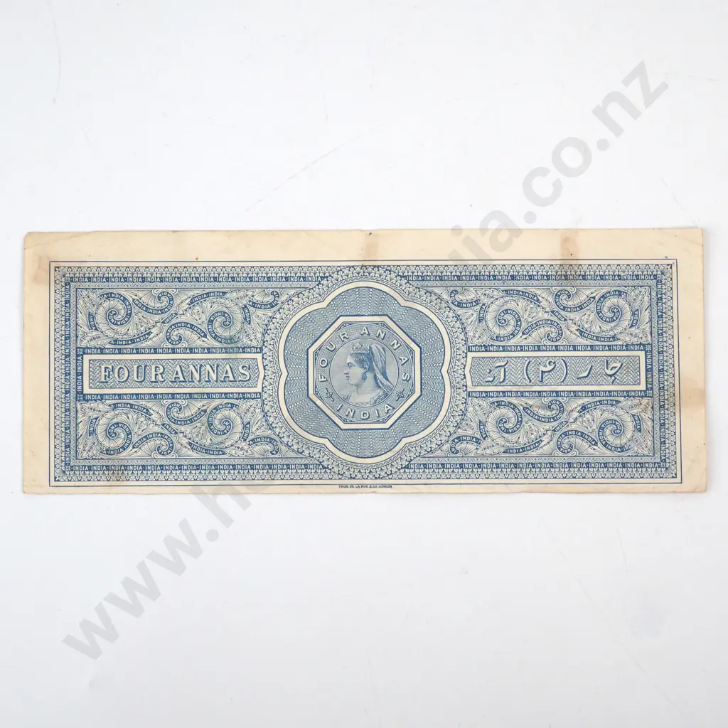 Stamped Queen Victoria India Four Annas Note  Image 1++