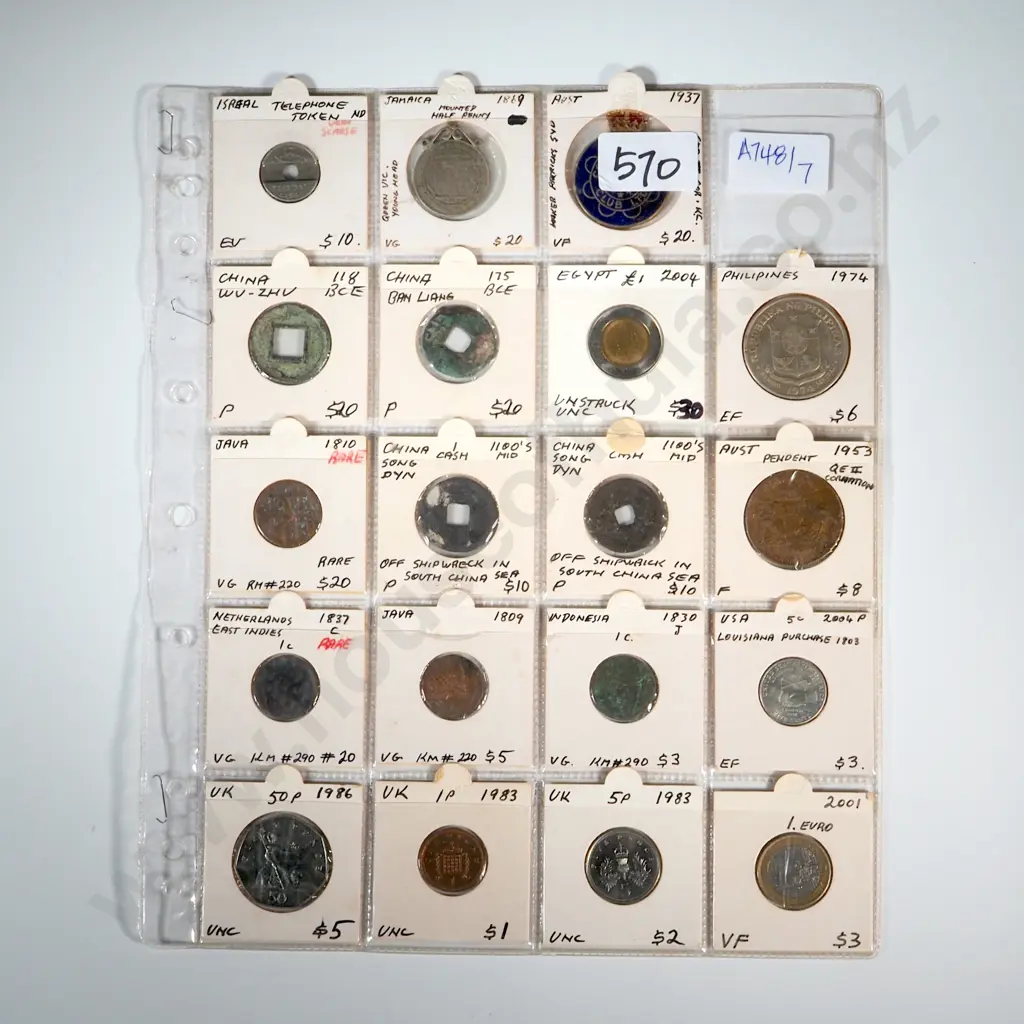 19 Carded Individual Coins & Tokens in Collectors Sheet Image 1++