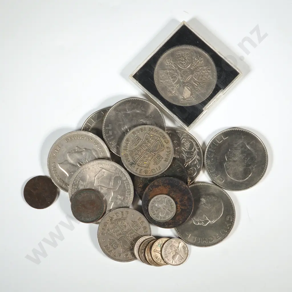 Bag Of Coins To Include Three Churchill Crowns, Two Five Shillings, Two Elizabeth 1977, 1951 Five Shilling, Image 1++