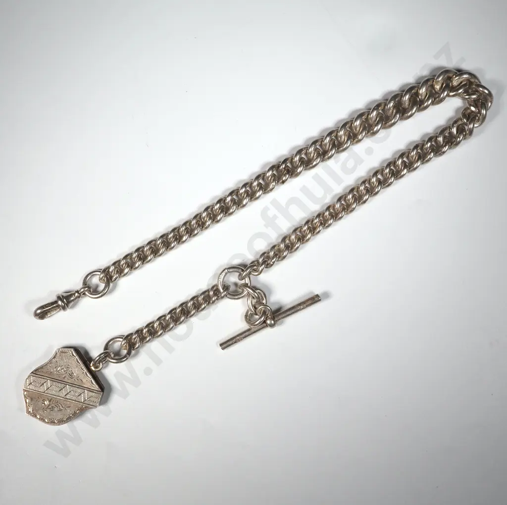 Sterling Silver Chain Link Watch Chain With T Bar & Shield Shaped Locker Image 1++