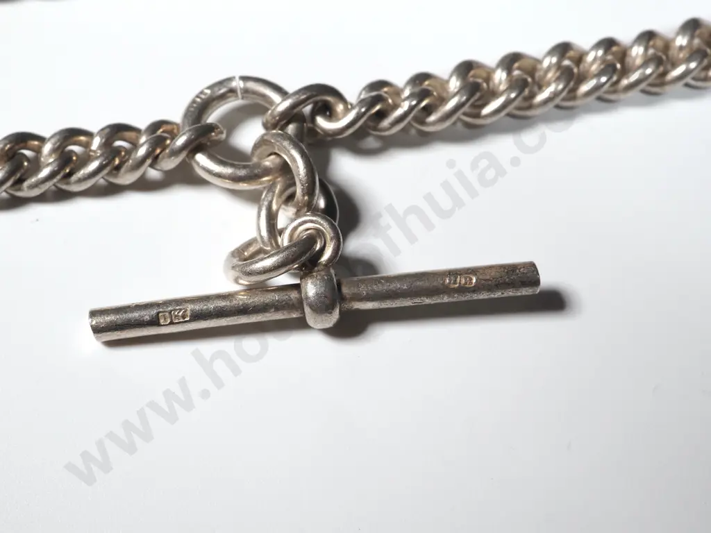 Sterling Silver Chain Link Watch Chain With T Bar & Shield Shaped Locker Image 1++