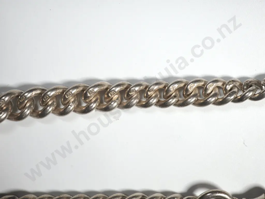 Sterling Silver Chain Link Watch Chain With T Bar & Shield Shaped Locker Image 1++