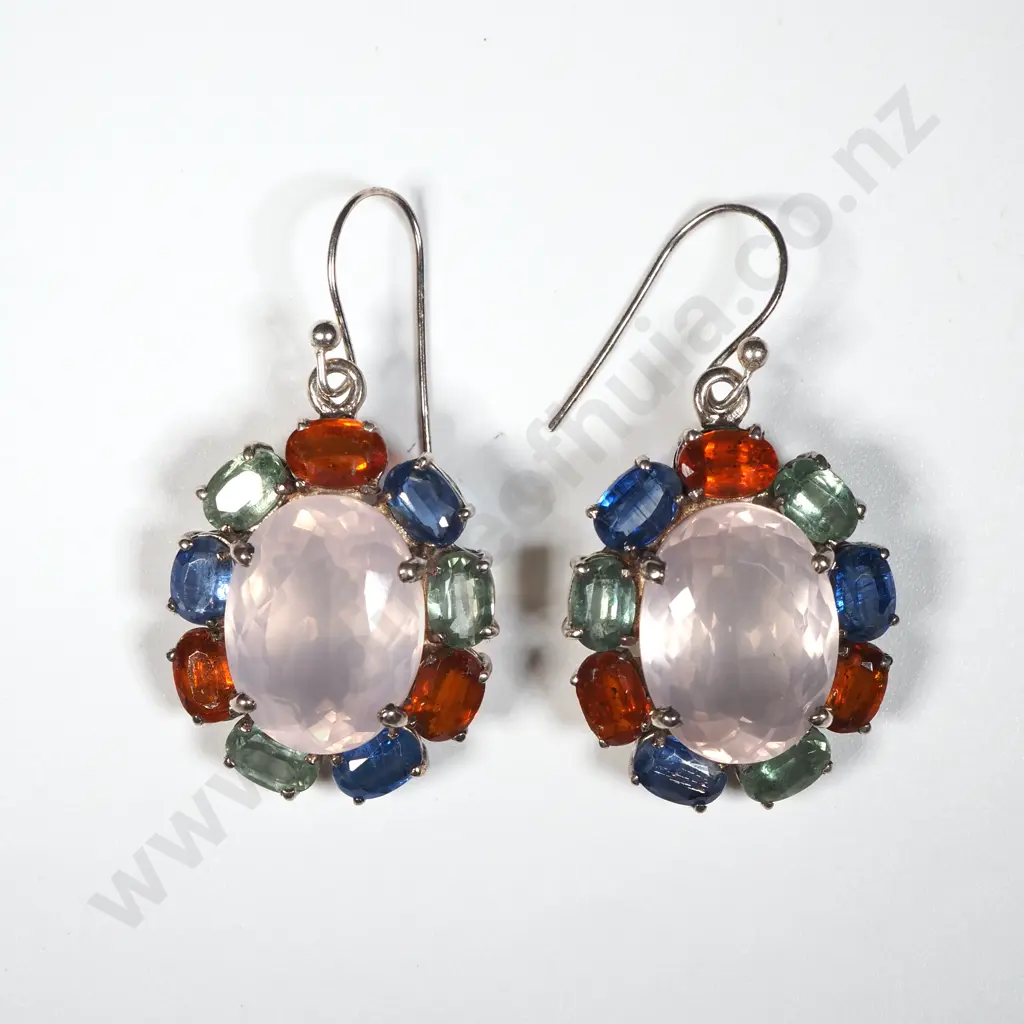 Sterling Silver Oval Drop Earrings - Rose Quartz, Garnet, Green Amethyst, Kyanite. Image 1++