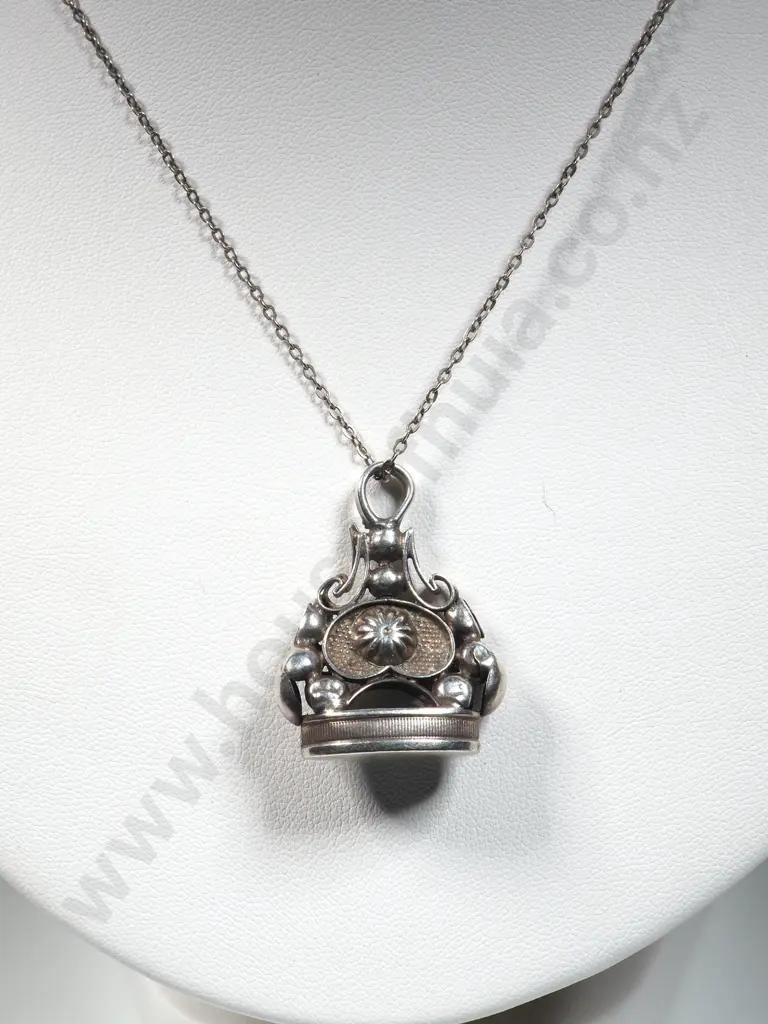 Antique Sterling Silver Seal Style Pendant on Chain Image 1++