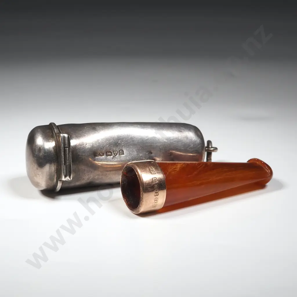 Sterling Silver Cigar Holder Case w 9ct Gold Hallmarked Rimmed Cigar Holder Image 1++